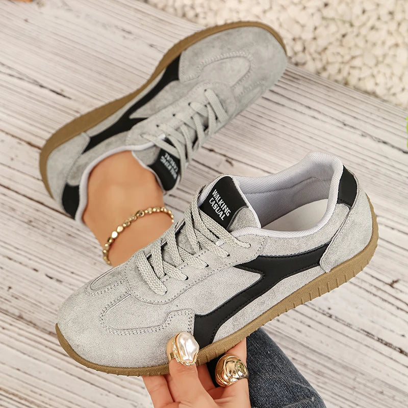Fashion Gray Suede Flats Sneakers Women Non Slip Lace Up Platform Sneakers Woman Comfortable Thick Sole Sports Running Shoes