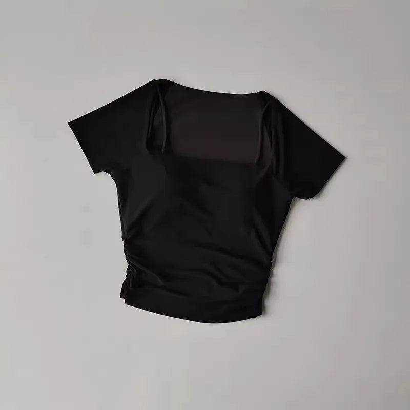 Women's yoga fitness short sleeved T-shirt, fixed chest cushion mesh fake two-piece yoga training fitness top