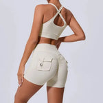 Seamless Yoga Sets Sports Fitness Peach Hip-lifting Pocket Shorts Cross Beauty Back Vest Suits Workout Gym Shorts Sets for Women