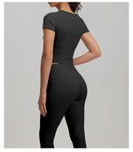 2 Pieces Women Tracksuit Yoga Set Spring Summer Short Sleeve Hollow Out Slim Sports Top High Waist Leggings Running Fitness Suit