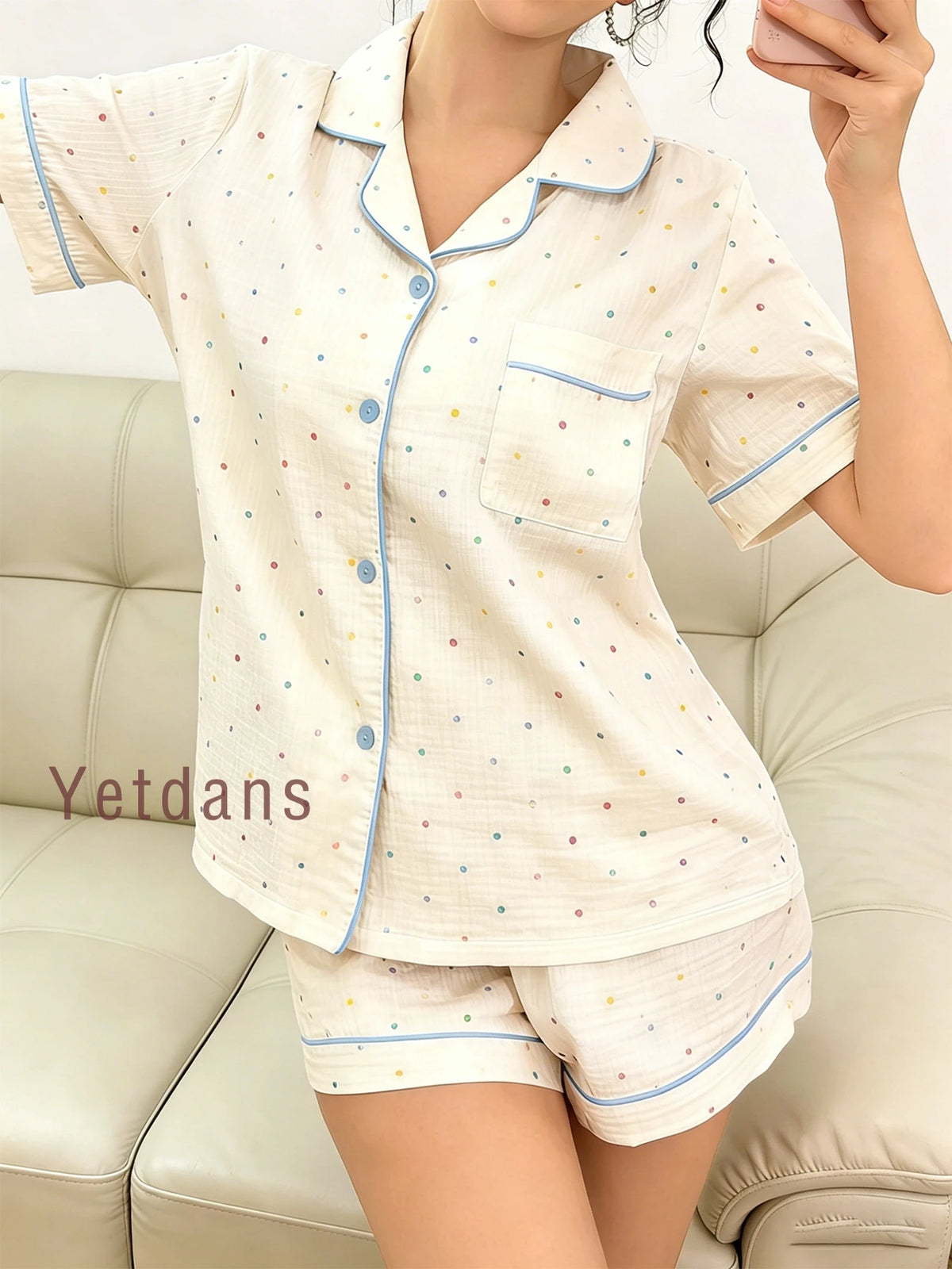 Women's Cotton Polka Dot Printed Pajama Set With Contrast Trim Button-Down Shirt & Shorts Homewear Summer Set Two Pieces Set Pj