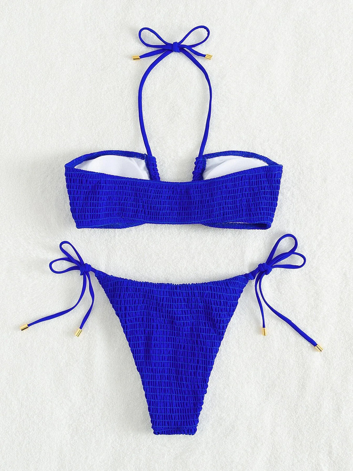 Halter Tie Side Pleated Smocked Bikini Women Bandeau Swimsuit Female Swimwear Two Pieces Bikini Set Bathing Suit Swim Beach Wear