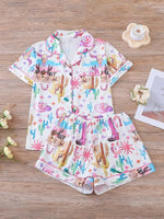 Women Halloween Print Pajama Set Turn‑down Collar Short Sleeve Button Down Shirt + Shorts Sleepwear Ladies Home Loungewear Suit