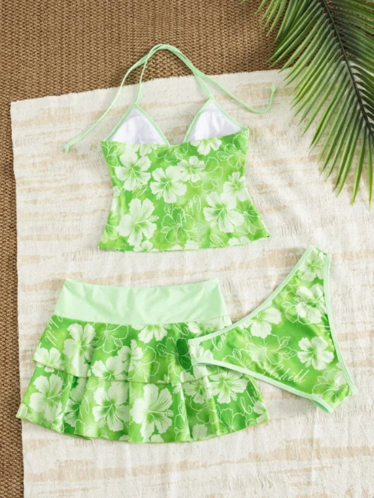Vintage Green Floral Print Bikini Set 2026 Women Drawstring Pleate Skirt 3 Piece Swimsuit Beach Holiday Bathing Suit Swimwear