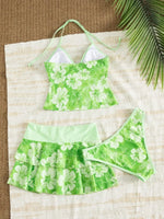 Vintage Green Floral Print Bikini Set 2026 Women Drawstring Pleate Skirt 3 Piece Swimsuit Beach Holiday Bathing Suit Swimwear
