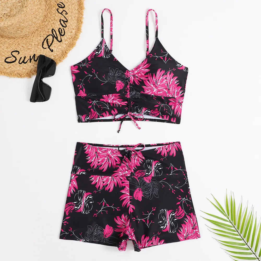 High Waist Bikini Swimsuit Women 2024 Floral Print Swim Suits Drawstring Front Shorts Boxers Swimwear Trunks Pool Bathing Suit