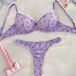 Cherry Print Bralette Set Sweet Lace Trim Women's Lingerie French Style Thin Bra Panty Light Purple Plaid Intimate Underwear Set