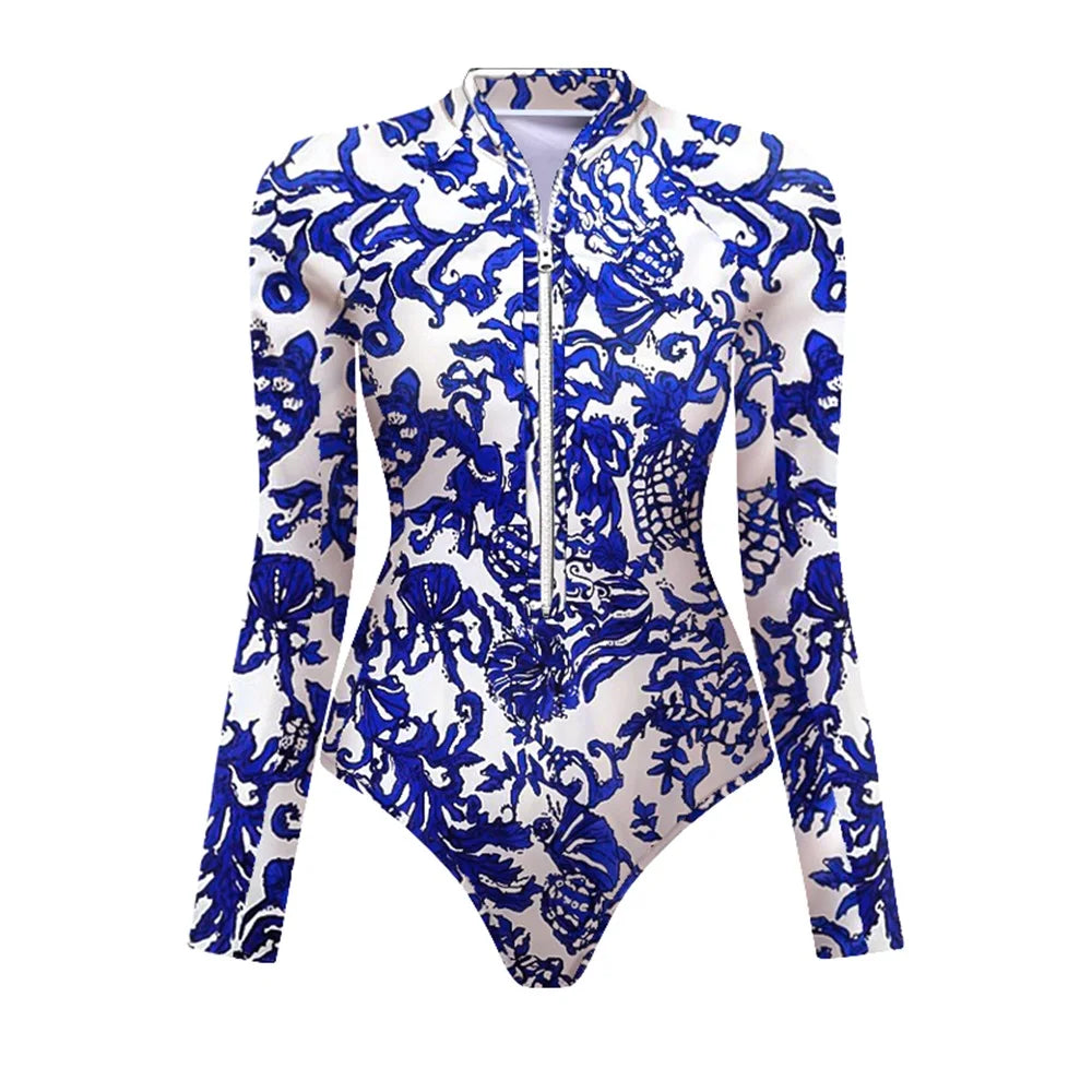 Black And Printed Long Sleeve Swimsuit With Cover Up Sexy Swimwear Women Surf Swim Suit Slimming Bathingsuit Bodysuit Beachwear