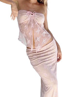 2 Piece Sets Women Lace Tie-up Tube Tops + Long Skirts Outfits Summer Streetwear Sexy Fairycore Y2K Aesthetic Clothes