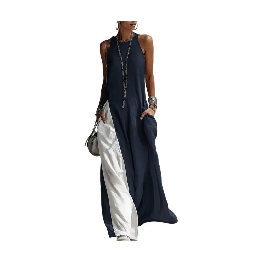 Summer Casual Beach Sundress with Pockets Women's Flowy Long Tank Top Side Split Crew Neck Sleeveless Maxi Dress