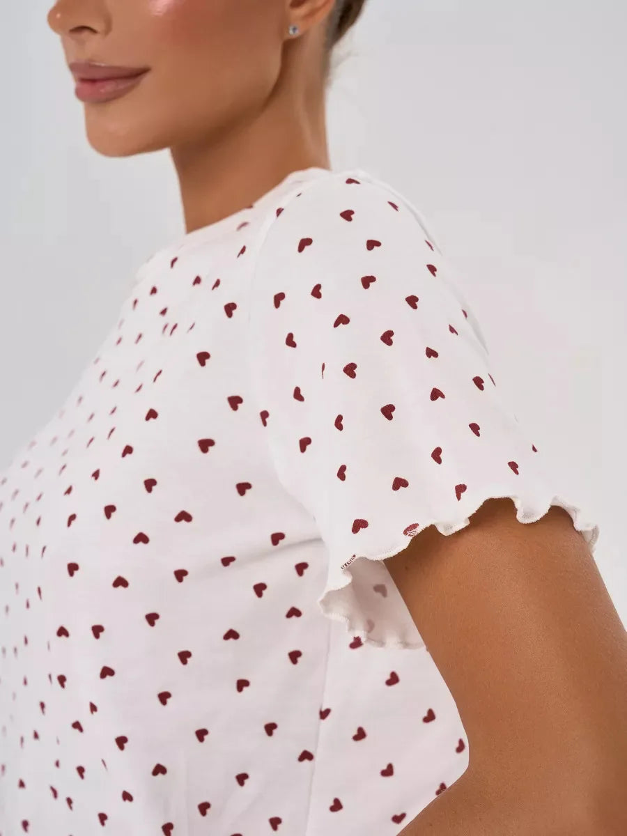 Summer Pajama Set for Women's Sleepwear Home Wear with Heart Print Casual Round Neck Short Sleeve Shorts Two-piece Set