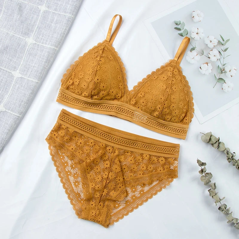 Women Floral Lace Bras Suit Solid Underwear Padded Breathable Vest With Briefs Sexy Hollow Out Bralette Thin Lingerie One Size