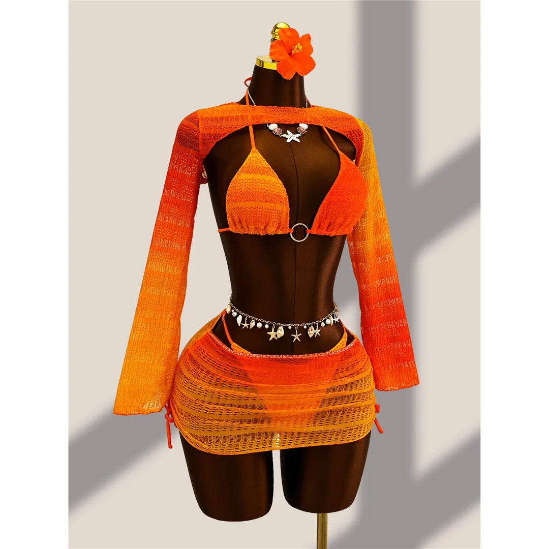 4PCS With Cover Up Skirt Gradient Bikini Women Swimwear Female Swimsuit Four-pieces Bikini set Bather Bathing Suit Swim V8303