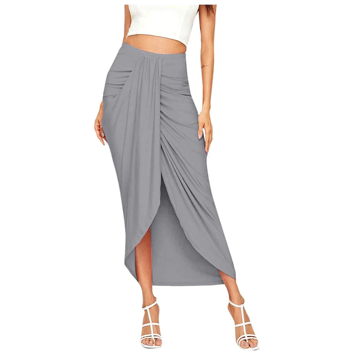 Women's High Waisted Ruched Maxi Skirt Pleated Solid Asymmetrical Split Hem Long Skirt Casual Draped Wrap Bodycon Summer Skirts