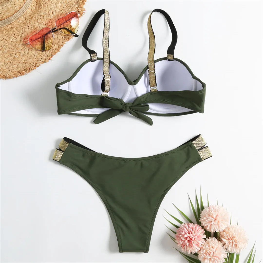 New S - XL Bra Bikini Push Up Swimsuit Female Swimwear Women Two-Pieces Bikini Set With Cup Bather Bathing Suit Swim Lady V2310