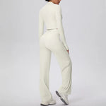 2 Pcs Women's Seamless Yoga Set Long-sleeved Wide-leg Pants Tracksuit Fitness Sports Set High-waisted Hip-lifting Slim-fit Suit