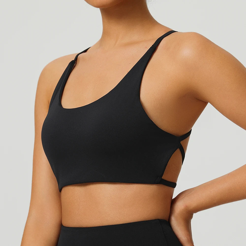 Sexy Soft Fitness Sport Bra Spaghetti Strap Cross Back Hollow Women Top Tight Gym Yoga Underwear Athletic Workout With Chest Pad