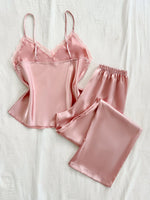 Two Piece Women's Pajamas Set with V Neck Lace Design Top Long Pants Fashionable And Comfortable For Spring And Summer Seasons