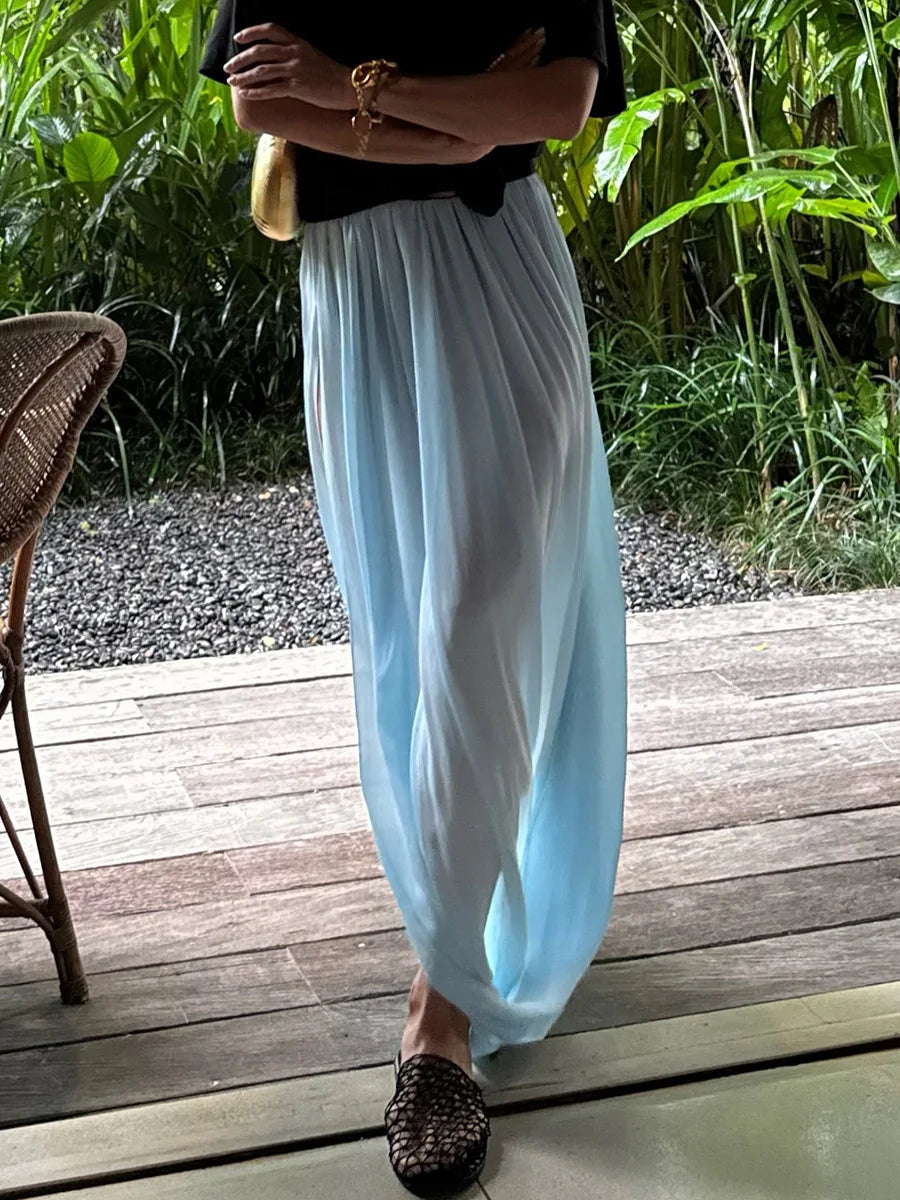 FDYOUI Elegant Solid Color Pleated Skirts for Women 2026 Chic High Slit Long Skirt High Street Office Lady Vacation Party Dress