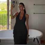 FDYOUI 2026 Summer Backless Ruched White Long Maxi Dress for Woman Elegant Sexy Halter Sleeveless Loose Evening Party Dresses