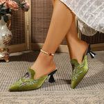 Fashion Velvet Embroidery Flower Mules Woman Elegant Shoes Pointed Closed Toe Slippers Slip on Slides Female High Heels Sandals