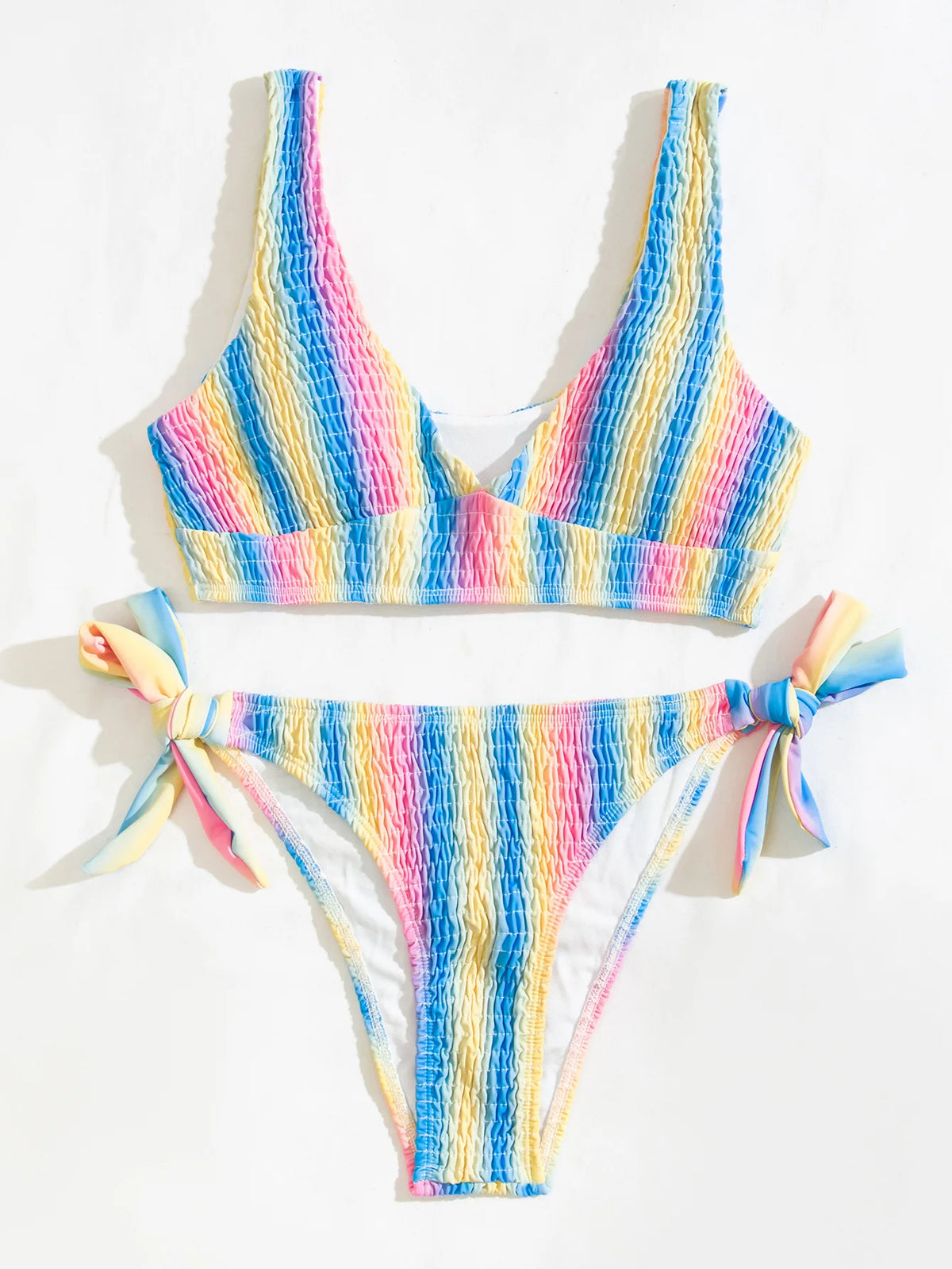 2026 New Sexy Bikini Women Rainbow Stripe Pleated Swimwear Swimsuit Knotted Bikinis Set Bathing Suit Beach Bikini Female Push Up