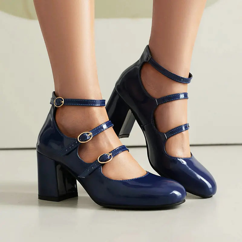 Brand New Big Size 43 Sweet Red Mary Jane Pumps Lovely 7cm High Heels Buckle Straps Party Shoes Black Office Lady Shoes Women