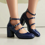 Brand New Big Size 43 Sweet Red Mary Jane Pumps Lovely 7cm High Heels Buckle Straps Party Shoes Black Office Lady Shoes Women
