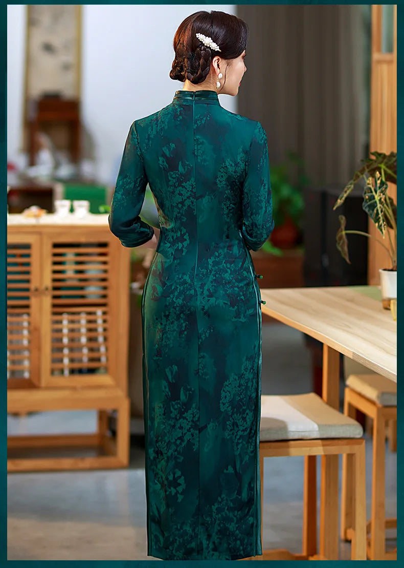 Chinese Traditional Style Evening Qipao Dress For Women Large Size 5XL Vestidos Autumn Stand Collar Print Floral Long Cheongsam