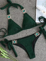 Halter Rhinestone Diamond Bikini Women Swimsuit Female Bikinis Metal Chain Swimwear Two Pieces Bikini Set Bathing Suit Swim Lady