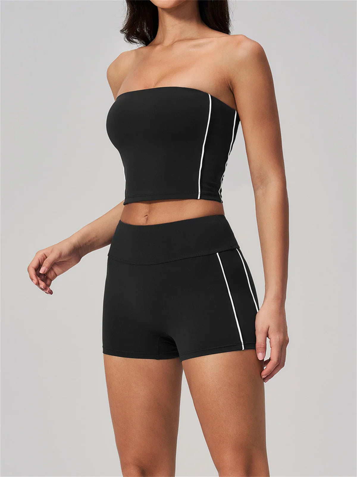 Summer Tight Yoga Suit Women Color Contrast Strapless Slim Sports Tank Top Shorts Fitness Suit Gym Running Workout Tracksuit
