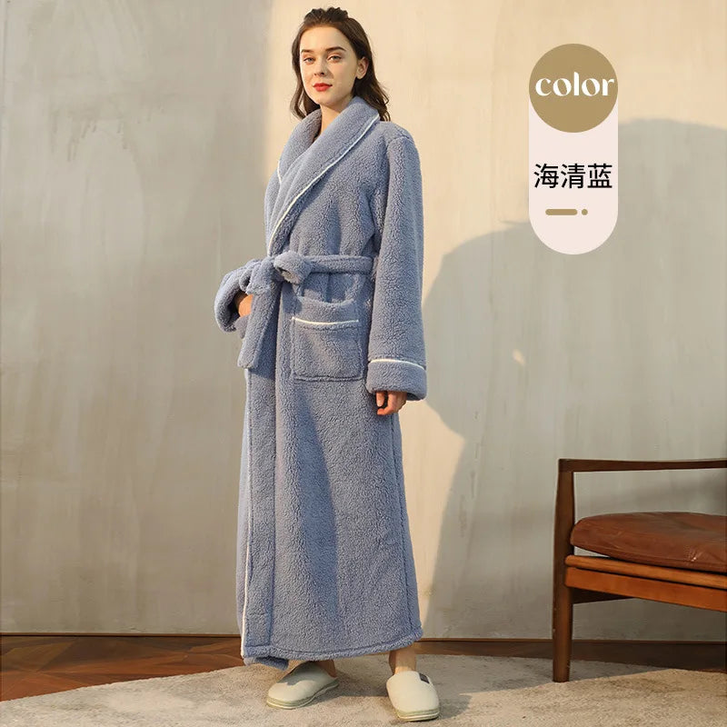 Autumn Winter Flannel Plus Size Robe Pajamas Thick Cozy Fleece Couple Bathrobe, Men Women Long Warm Loungewear,