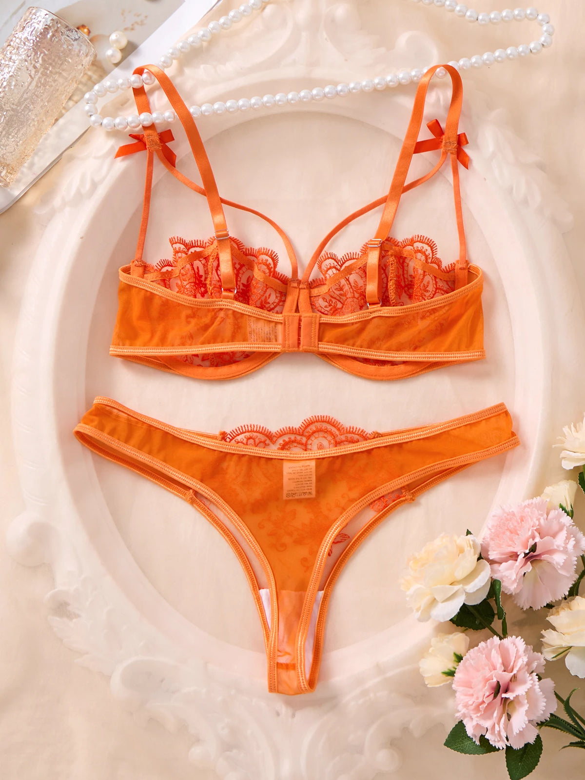 Sexy Orange Lace Lingerie Set Women Push Up Bra and Panty Set Butterfly Bow Underwear Female Intimates Sleepwear ZA824057