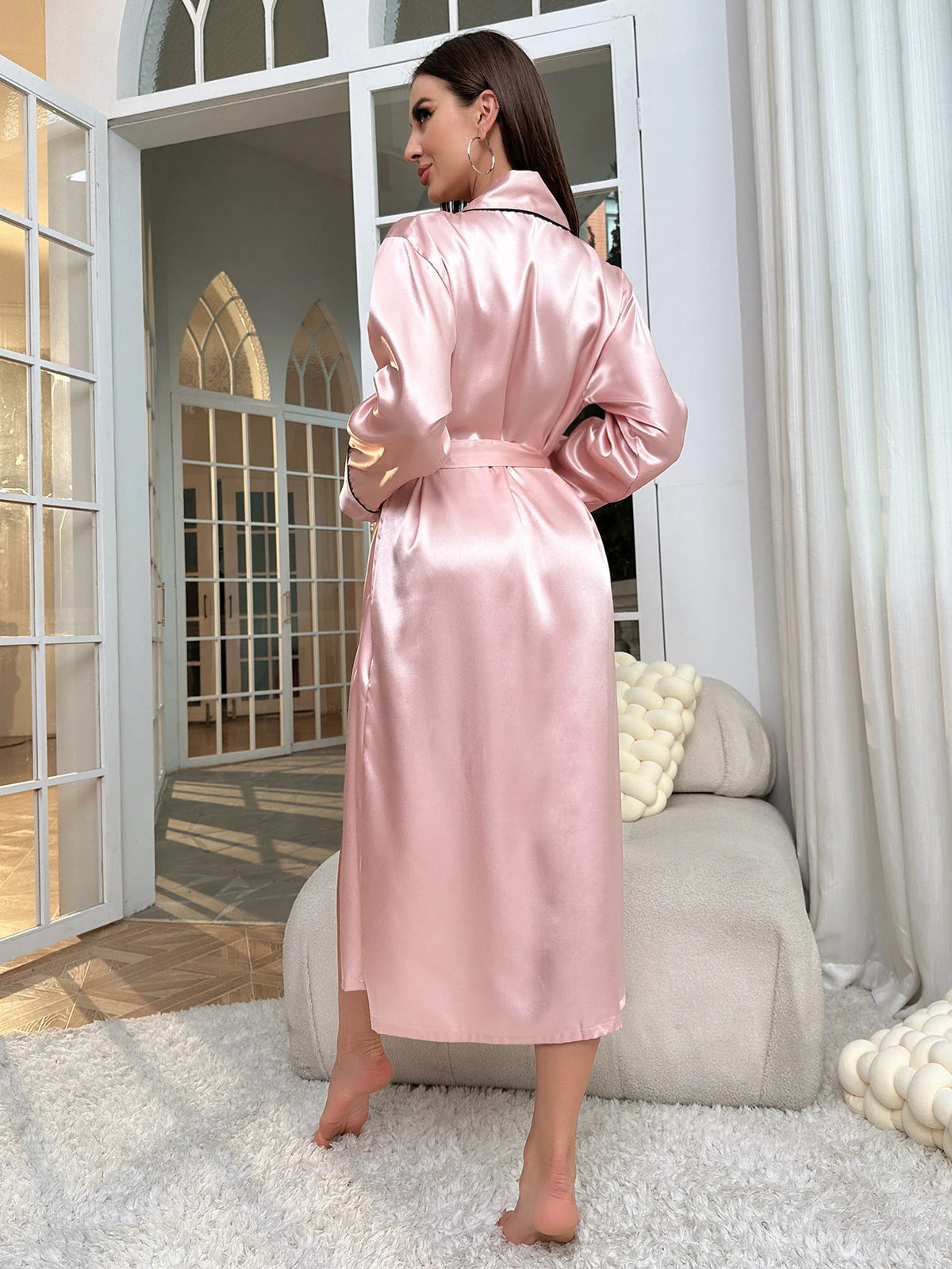 Simple Satin Night Robe Long Sleeve V Neck Robe With BeltWomen's Sleepwear