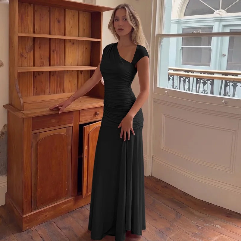 FDYOUI 2026 Summer Diagonal Collar Sleeveless Birthday Dress Women Sexy Tunics Pleated Solid Long Party Dresses Pink Black Gown