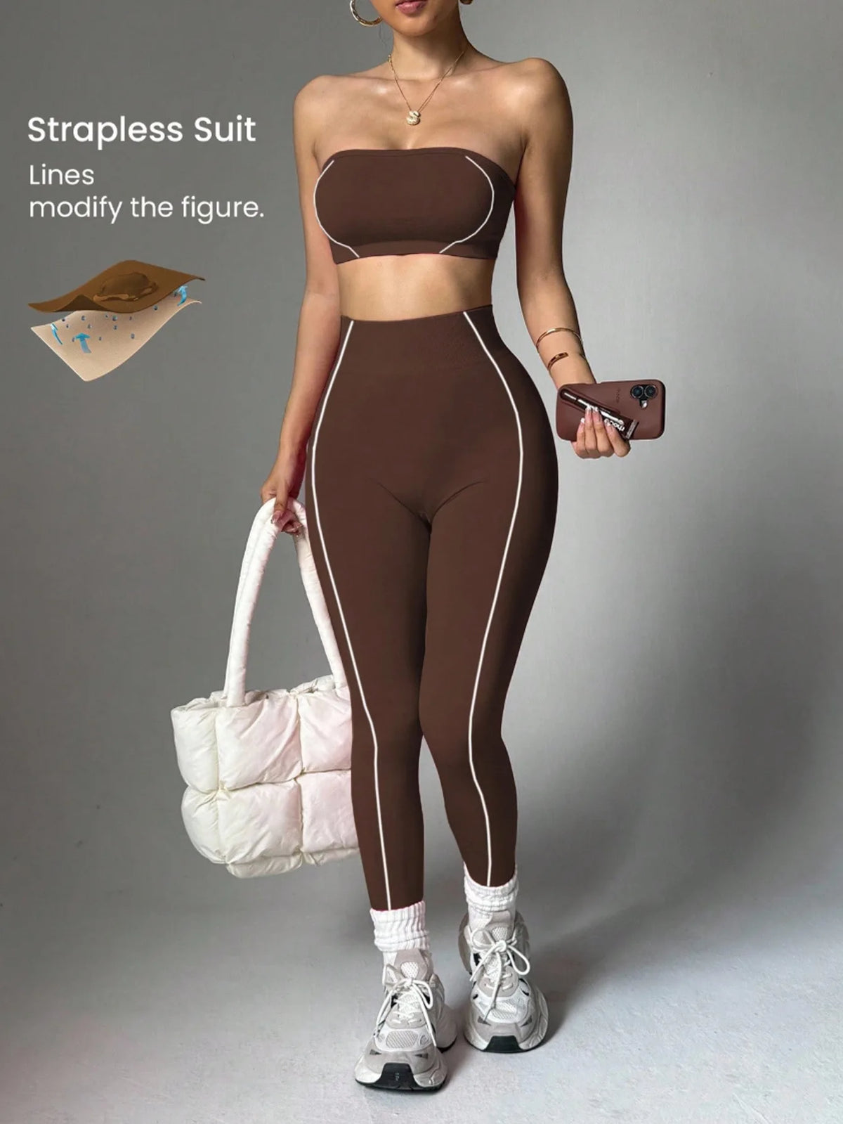 Women Strapless Bandeau Sports Bra Seamless High Waist Yoga Leggings Set Padded Workout Fitness Gym 2 Piece Outfits