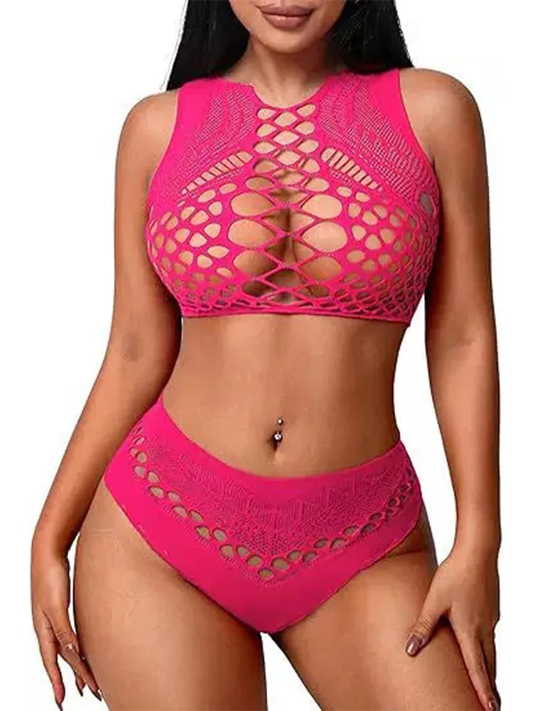 Fishnet Lingerie 2 Piece Set Hollow Out Sleeveless Crop Top And High Waist Panty Cut‑out Mesh Intimate Sleepwear Dating Outfits