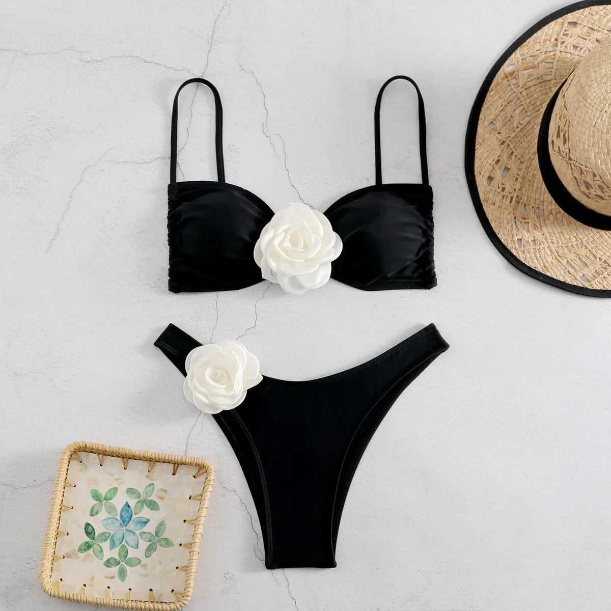 Sexy 3D Flower Micro Bikini 2024 Women Black White Patchwork Push Up Swimsuit Biquini Summer Bathing Suit Triangle Mini Swimwear