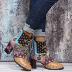 Ankle Boots Women Autumn PU Women's Shoes Ethnic Waterproof Casual Vintage Shoes Zipper High Heel Short Boots Botas Mujer
