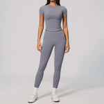 2PCS Women's Tracksuit Seamless Yoga Set Short Sleeve O Neck Workout T Shirts Fitness Suit Tight Hip Lifting Leggings Gym Sets