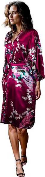 Lace Up Woman Peacock Print Japanese Kimono Yukata Silk Satin Short Style Sleepwear Home Nightgown Bath Robe Costume
