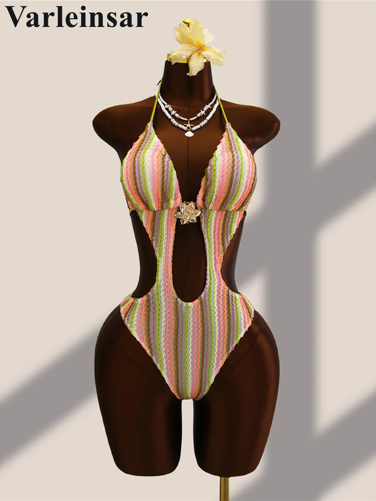 Striped Colorful Halter Cut Out One Piece Swimsuit Women Swimwear Female Monokini High Leg Cut Bather Bathing Suit Swim V8304