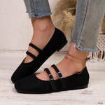 Women Suede Square Toe Double Strap Mary Jane Flats Buckle Slip‑On Soft Flat Shoes Large Size Casual Office Ladies Shoes