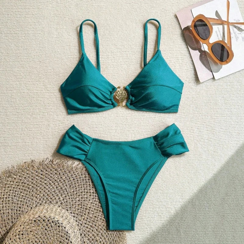 Sexy Pleate High Waist Bikini Set 2026 Women Orange Metal Buckle Push Up Two Piece Swimsuit Beach Bathing Suit Holiday Swimwear