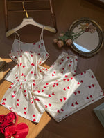 3 Pcs Women Satin Pajama Set Heart Print Round Neck Top with Pants and Shorts Sleepwear Suit Elegant Ladies Homewear