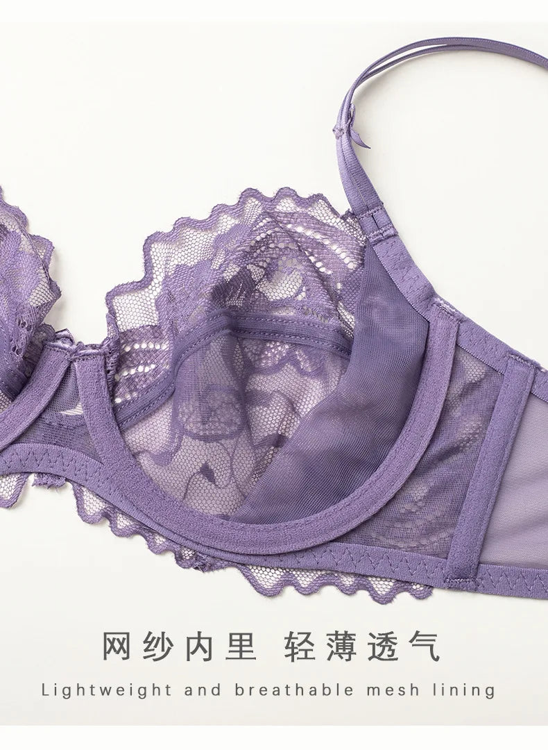 French Lace Lingerie Set Women Ultra Thin Sexy Underwire Bra&Panty Push Up Gather Breasts Pure Desire Large Breasts Support