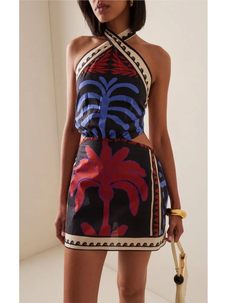 Bohemian Print Halter Neck Mini Dresses Women Sexy Backless Leace-up Beach Vacation Dress Fashion Beachwear Vestidos Summer New