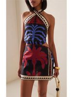 Bohemian Print Halter Neck Mini Dresses Women Sexy Backless Leace-up Beach Vacation Dress Fashion Beachwear Vestidos Summer New