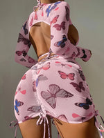 Long Sleeve Printed Halter Bikini Female Swimsuit Women Swimwear Four-pieces Bikini Set with Mesh Skirt Bathing Suit Beach Wear