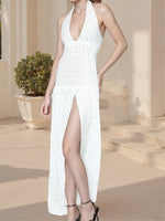 Women Sleeveless Long Dress Halterneck Backless Dots/Floral Slit Dress for Cocktail Party